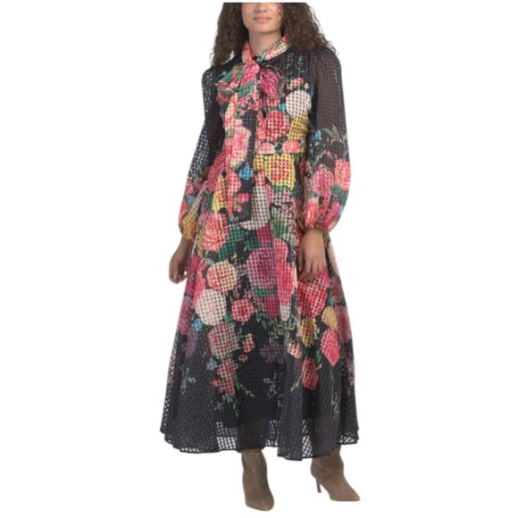 DALIA MACPHEE Balloon Sleeve Tie Neck Floral Maxi Dress - Picture 1 of 3